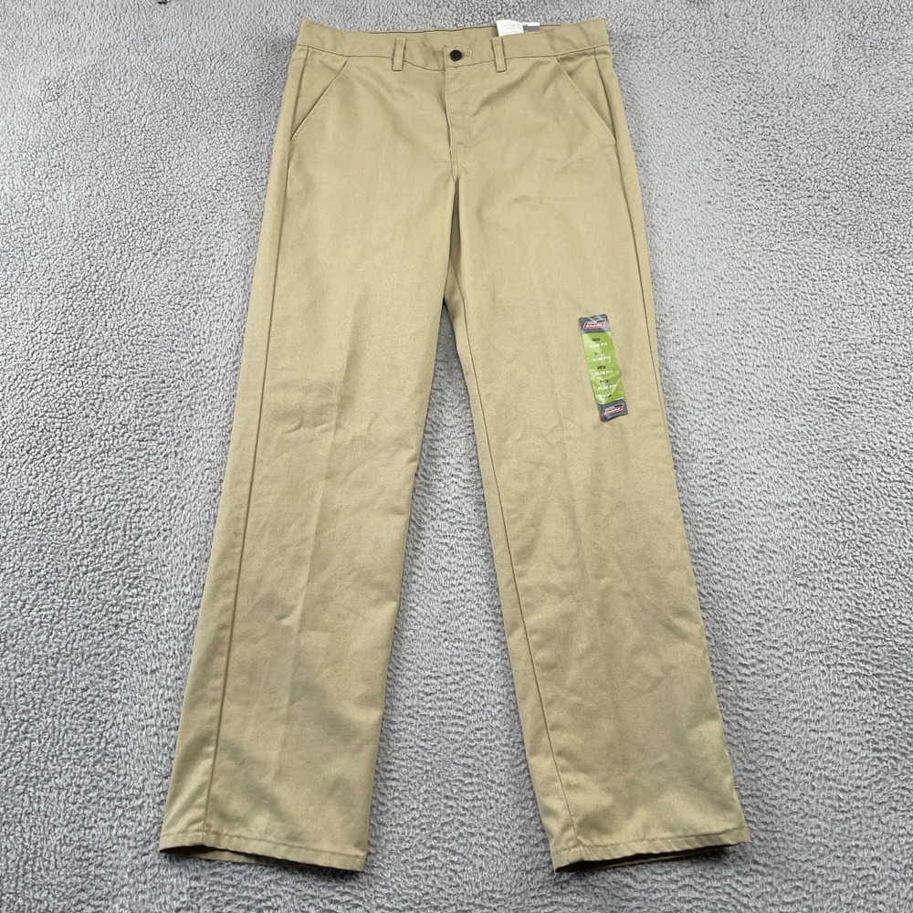 Dickies Pants Mens 34x34 Tan Slim Fit Flat Front Work Trousers Khaki Durable